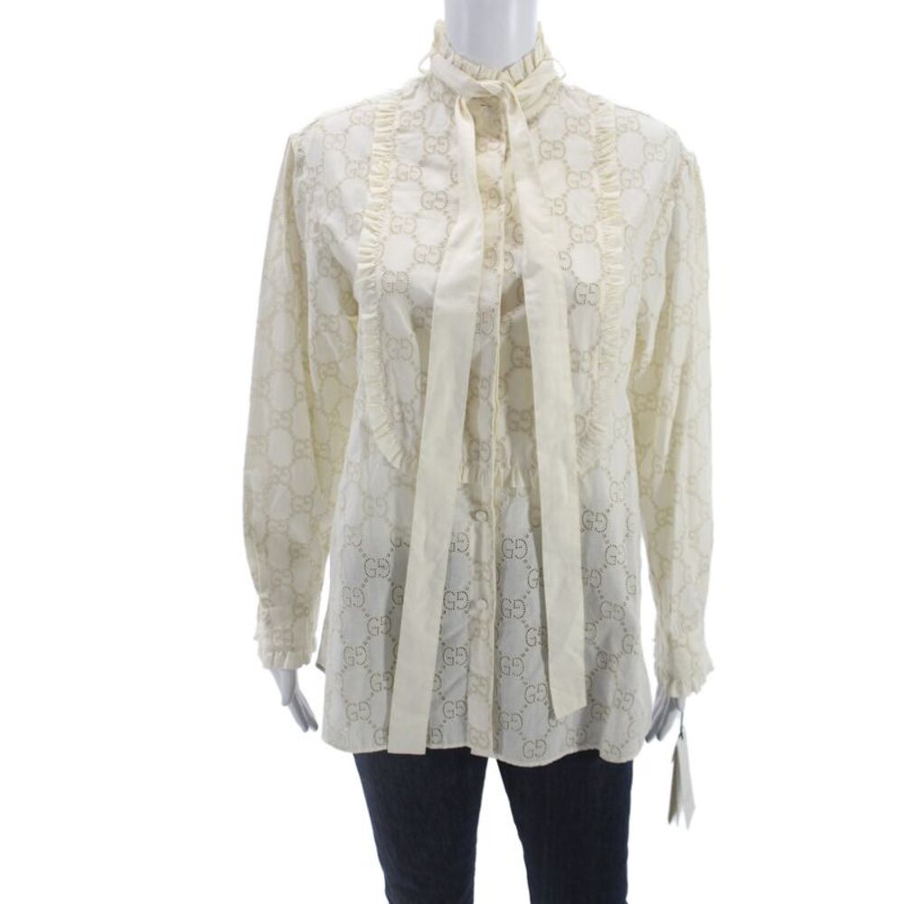Gucci Womens Tunic Blouse Cotton Silk White High Neck Long Sleeve Tie Size 42